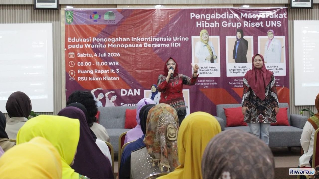 KSM Obsgyn RSUD Dr Moewardi bersama IIDI Klaten dan RSU Islam Klaten menggelar edukasi pencegahan inkontinensia urine pada wanita menopause disertai praktik Senam Kegel di RSU Islam Klaten Sabtu 4 Juli 2026